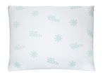 White pillow with 'COLD TOUCH' text and snowflake patterns.