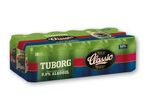 18 Tuborg Classic 0,0% alkohol dåser i en emballage.