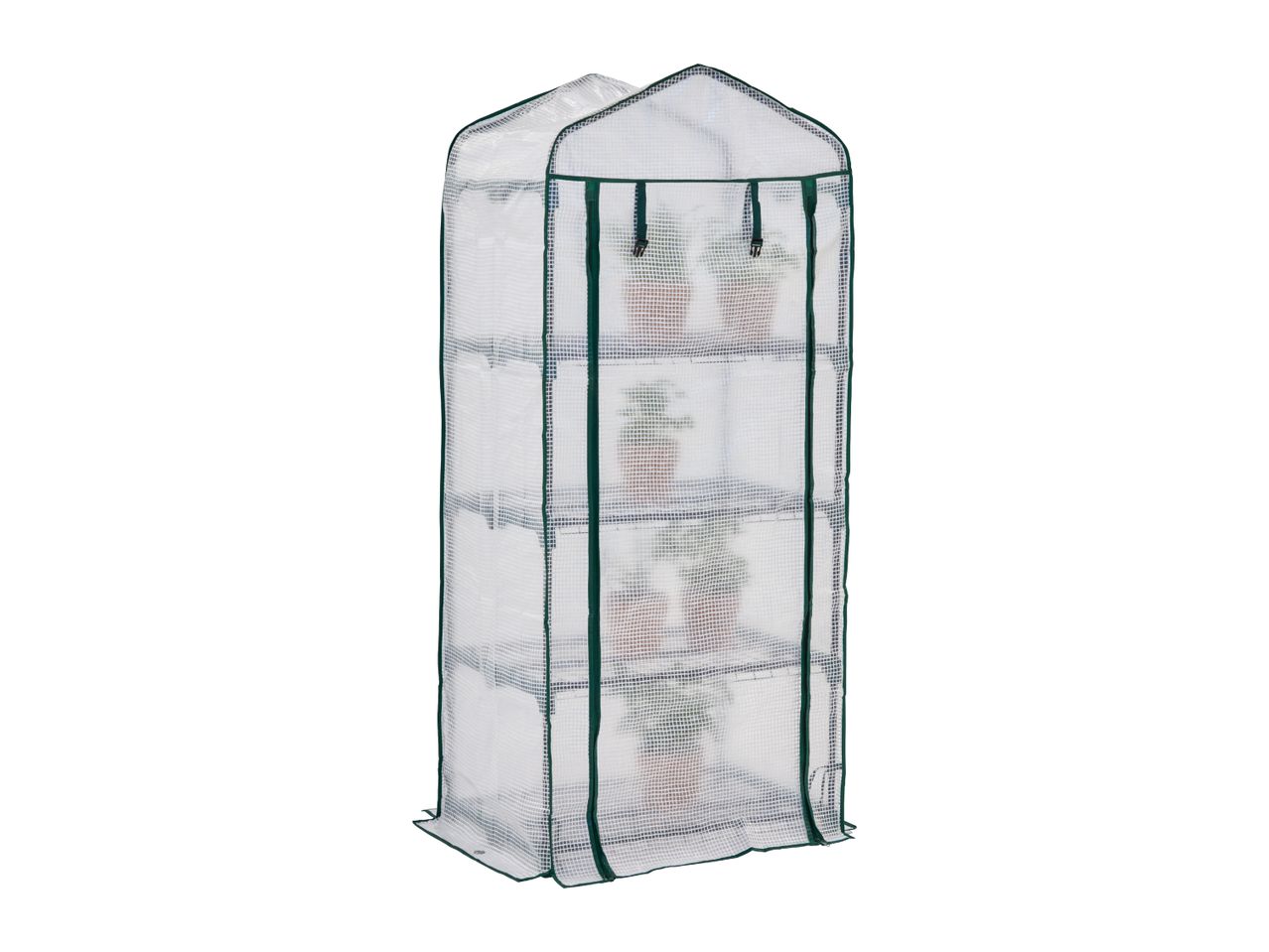 Tall, narrow, transparent greenhouse with green trim and four shelves, holding potted plants.