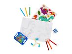 Dinosaur-themed coloring book with crayons, stickers, and small toys on a white background.