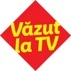 Siglă roșie în formă de romb cu textul galben „Văzut la TV”.