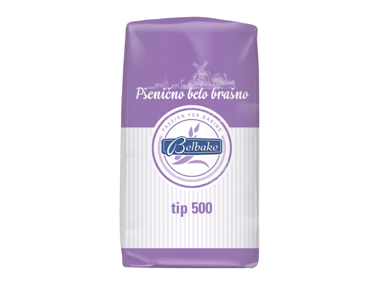 Ljubičasto pakovanje pšeničnog belog brašna tip 500 sa mlinom i natpisom 'Passion for Baking'.