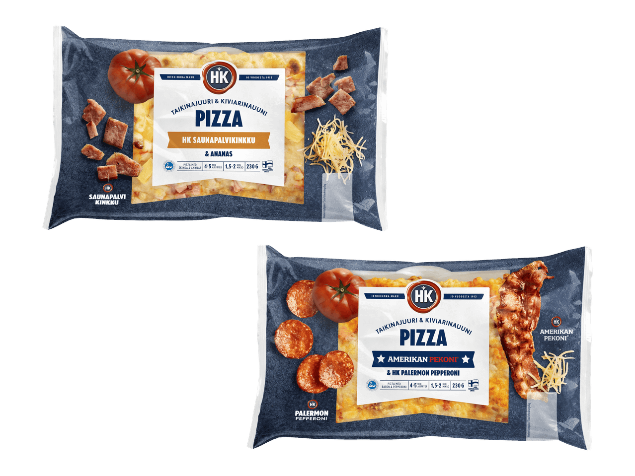 Kaksi pakattua pizzaa, toisessa kinkkua ja ananasta, toisessa pekonia ja pepperonia.