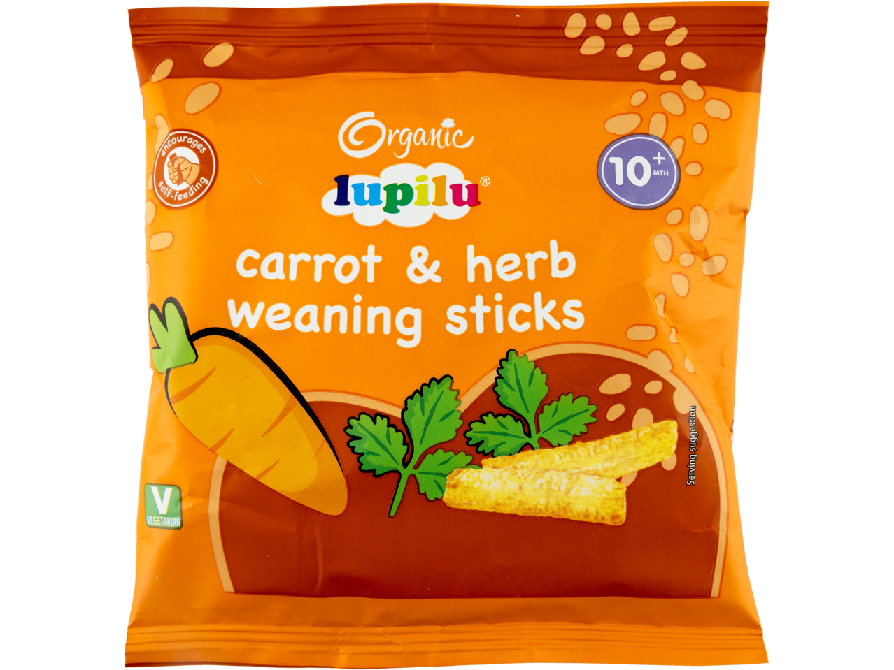 Lupilu Organic Carrot & Herb Weaning Sticks for 10+ months, encouraging self-feeding.