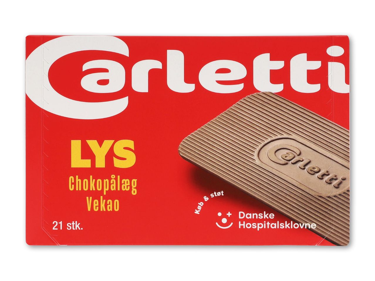 Rød pakke med lyse chokoladepålæg og teksten 'LYS Chokopålæg Vekao'.
