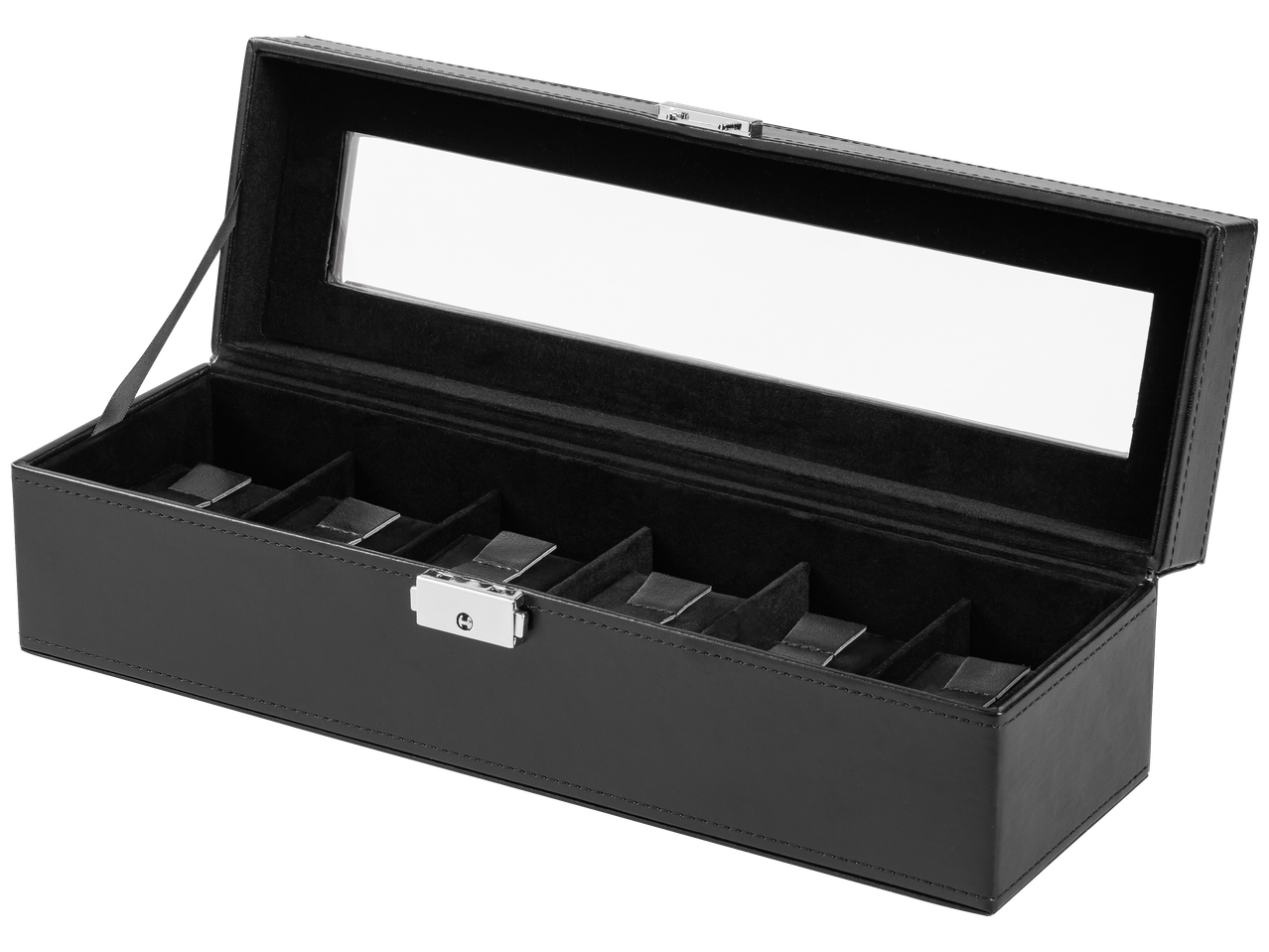 Boîte de rangement noire ouverte pour montres avec couvercle transparent et six compartiments.