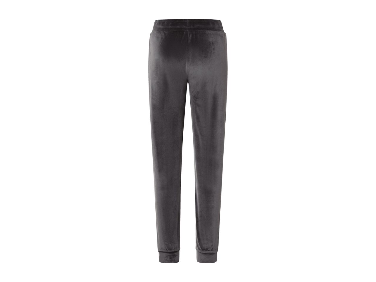 Dark gray velvet sweatpants with an elastic waistband and cuffed ankles.
