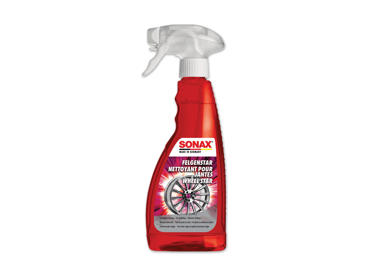 Sonax Felgenreiniger in roter Sprühflasche.