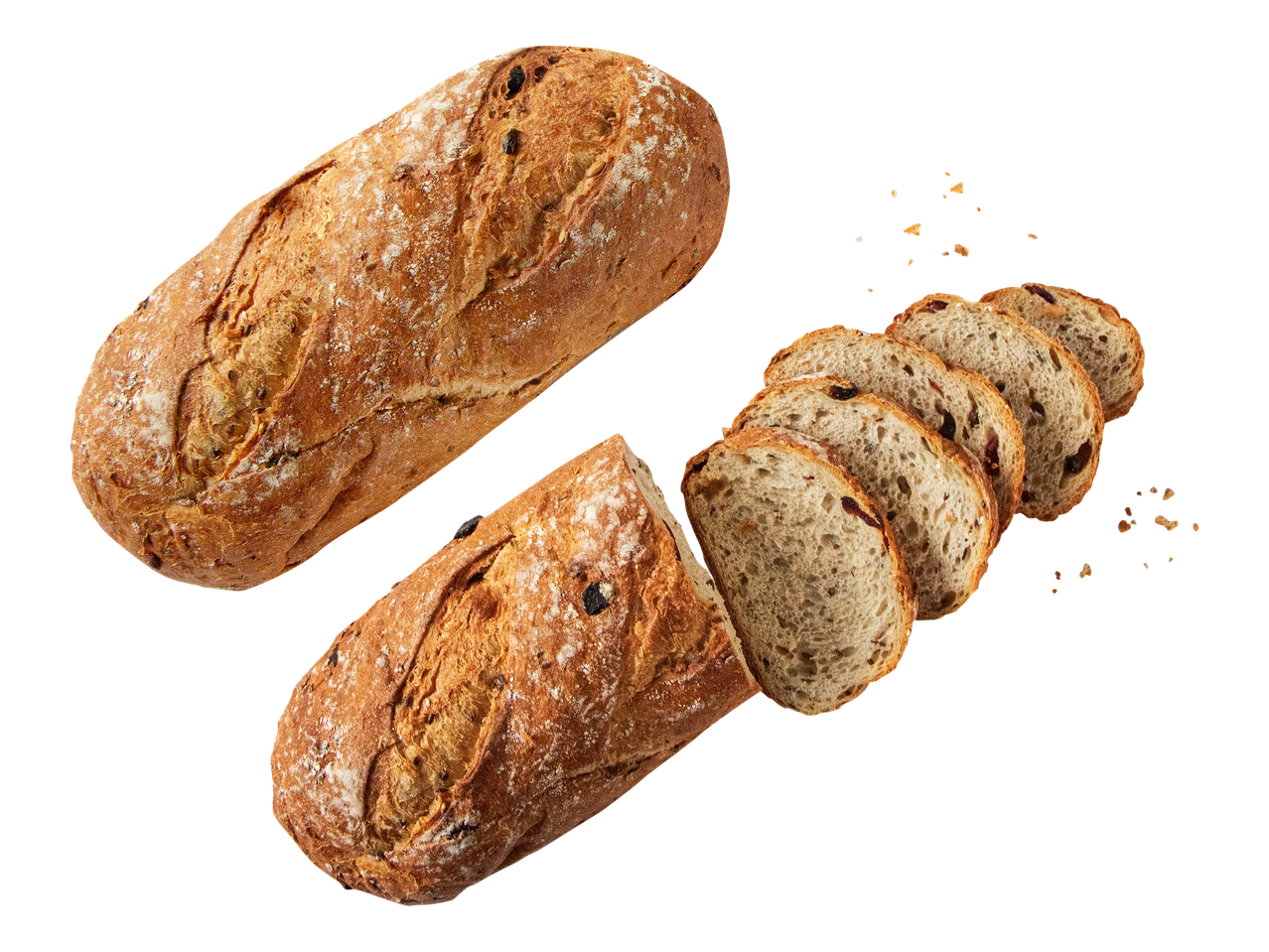 Kaksi leipää, joista toinen on viipaloitu, mustalla taustalla.