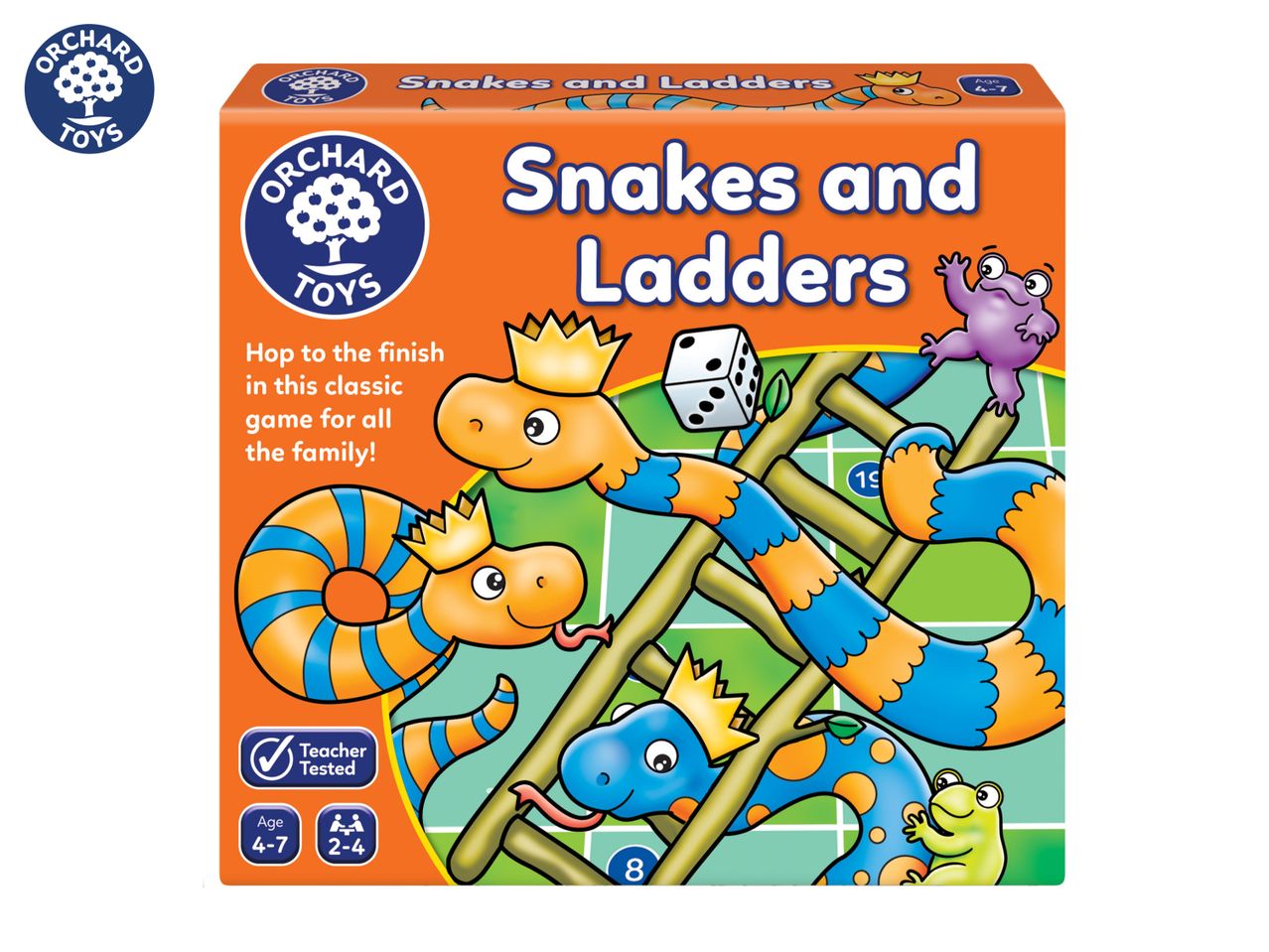 A box of Orchard Toys' Snakes and Ladders game.