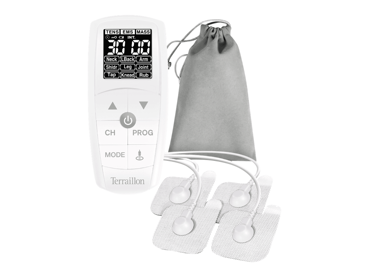 Terraillon TENS/EMS-laite, jossa on elektrodit ja harmaa säilytyspussi.
