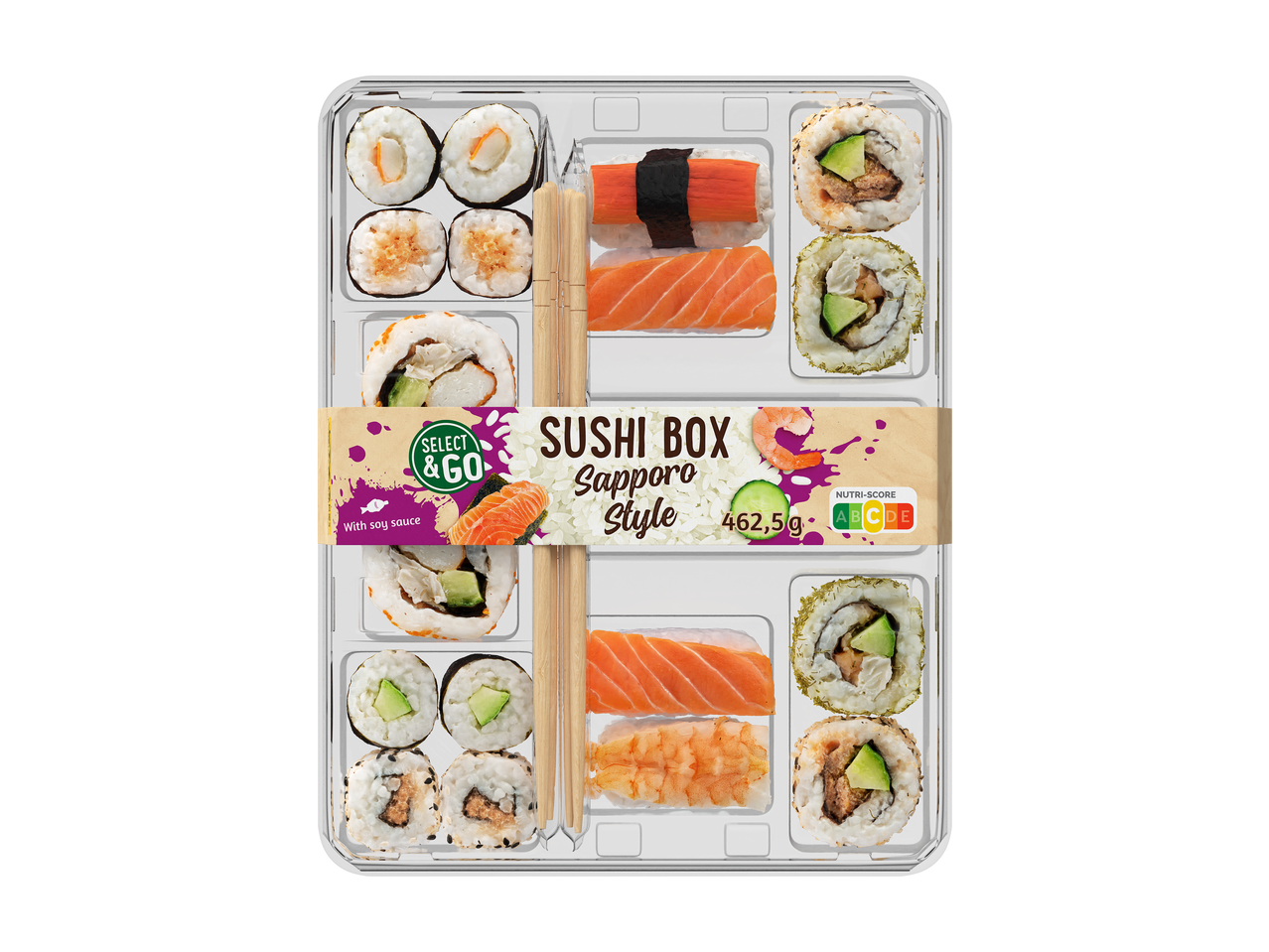 SELECT & GO Sushi Box Sapporo Style erinevate sushitükkide, lõhe ja sojakastmega, 462,5g, Nutri-Score A.