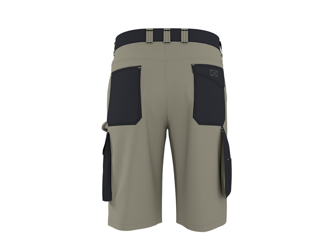 Pantaloni scurți de lucru bej și albastru închis cu buzunare cargo și bucle pentru curea.