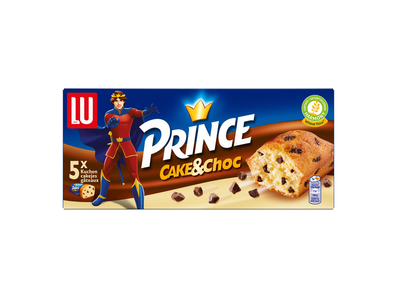 Verpakking van 5 chocoladecakejes met een stripfiguur en voedingsinformatie.