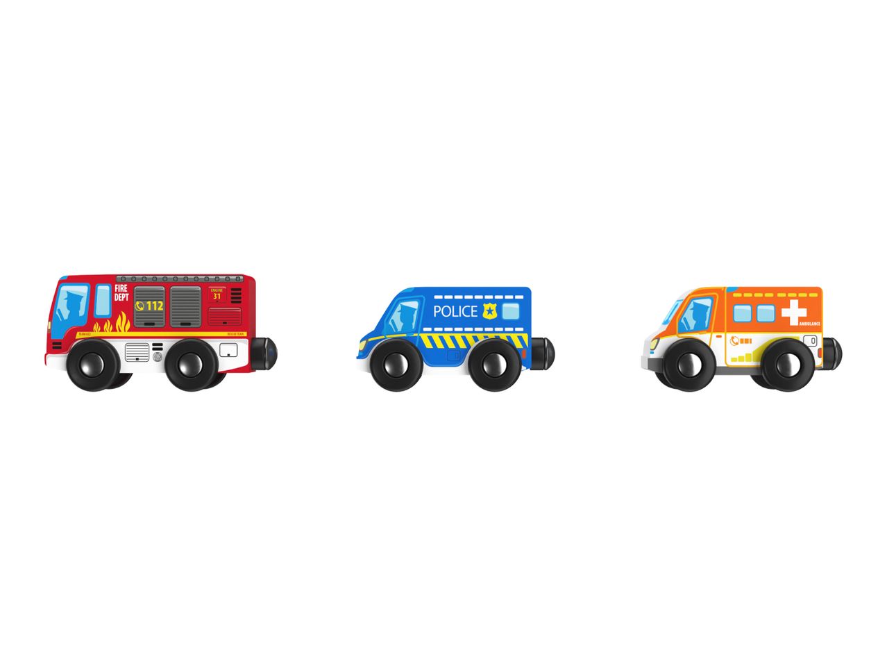 Wooden toy emergency vehicles: fire truck, police car, and ambulance.