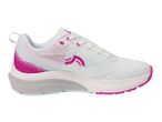 White and pink athletic shoe with a light blue gradient and a grey sole.