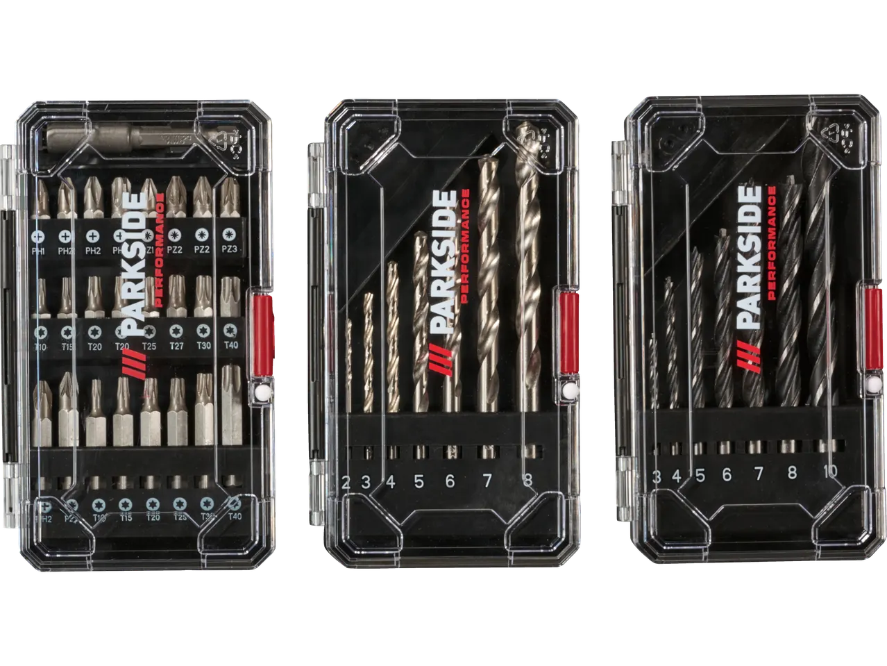 Parkside Performance® fúró- és csavarhúzófej készletek átlátszó tokokban.