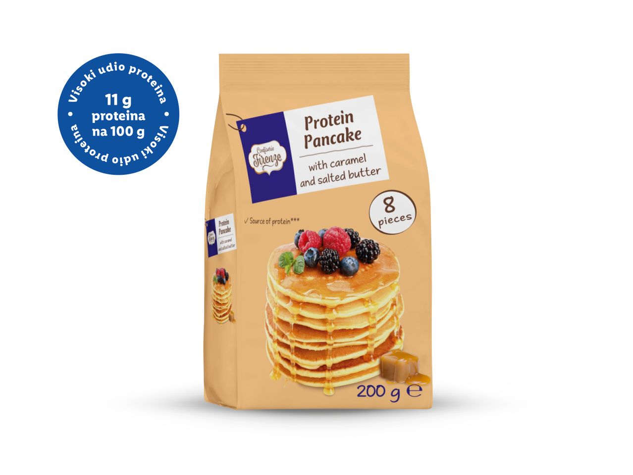 Pakiranje proteinskih palačinki s karamelom i slanim maslacem, s naznakom 11g proteina na 100g.