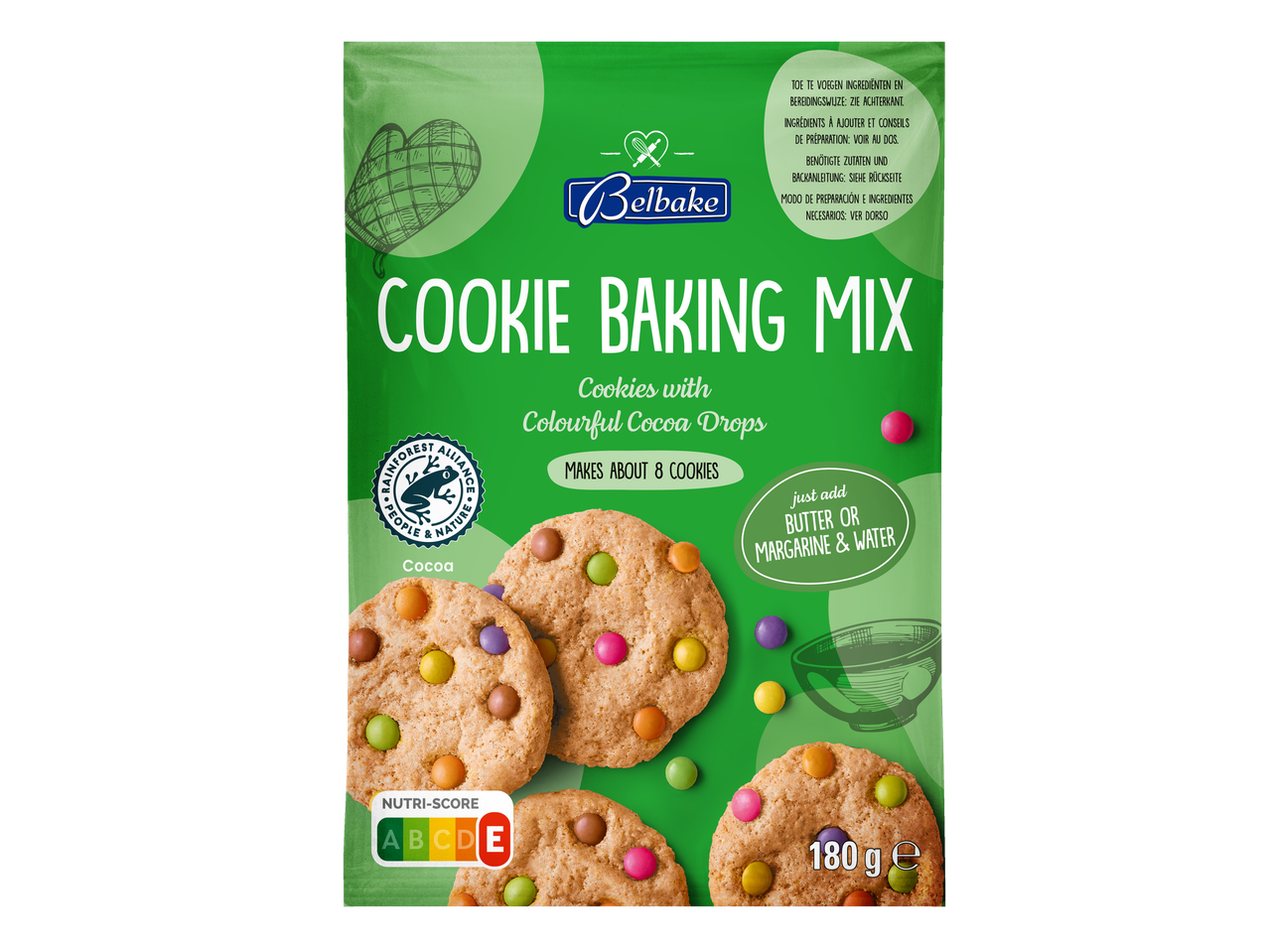 Belbake Koekjes Bakmix met kleurrijke cacaodrops, 180g.