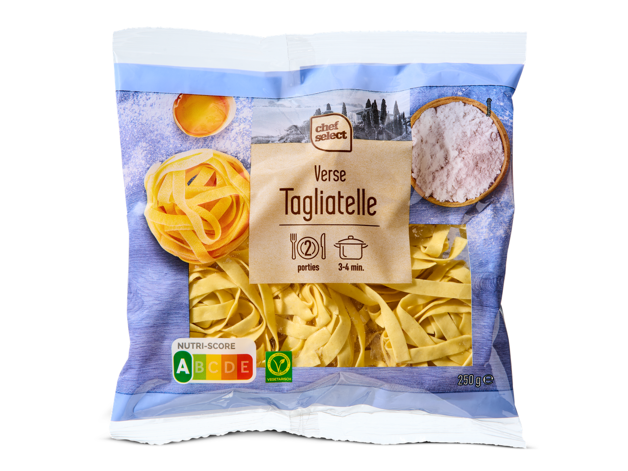 Verpakking verse tagliatelle met Nutri-Score A, 250g, en bereidingstijd van 3-4 minuten.