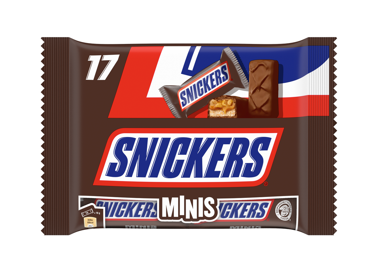 Verpakking met 17 mini-chocoladerepen, met een afbeelding van een opengebroken reep en voedingsinformatie.