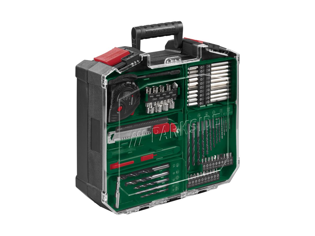 Toolbox with various drill bits, screwdriver bits, sockets, and a tape measure.