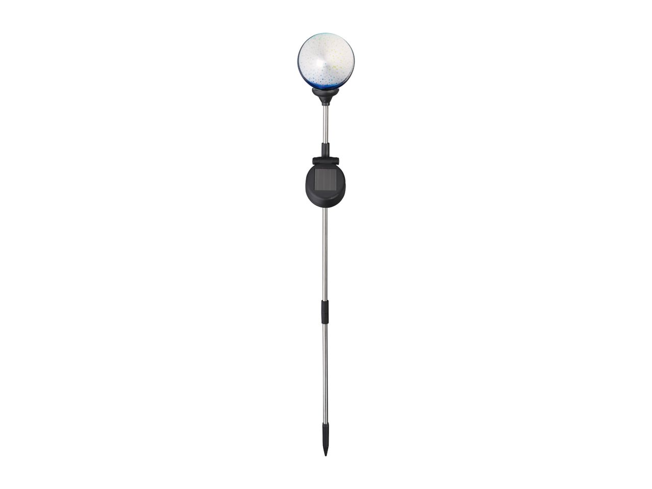 Solar-powered garden stake light with a speckled glass globe and a black solar panel.