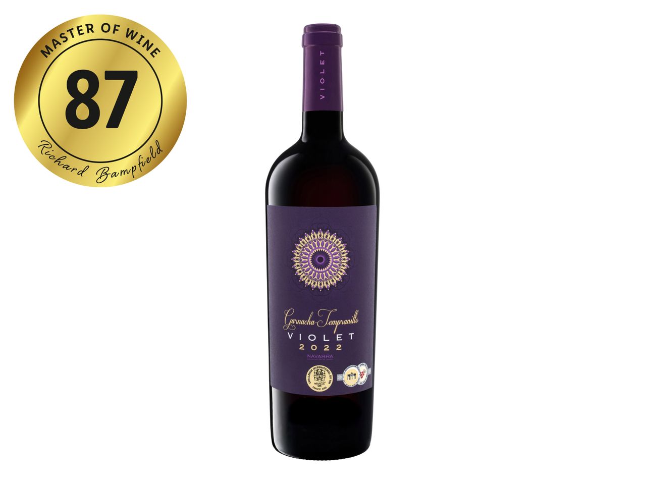 A bottle of Violet 2022 Garnacha Tempranillo wine with an 87-point Master of Wine rating.