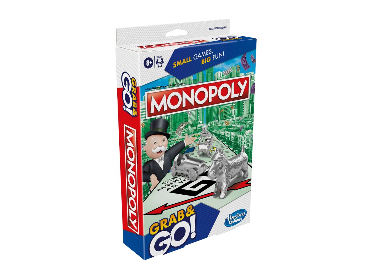 Monopoly Grab & Go board game box with Mr. Monopoly and game tokens, for ages 8+, 2-4 players.
