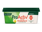 Een kuipje margarine met een groen deksel, met de tekst 'Verlaagt Cholesterol' en '100% plantaardig'.