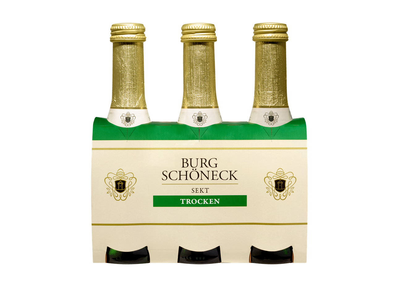 Burg Schöneck Sekt Trocken, ein 3er-Pack Sektflaschen in einem Träger.