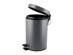 Grey pedal bin with an open lid, isolated on a white background.