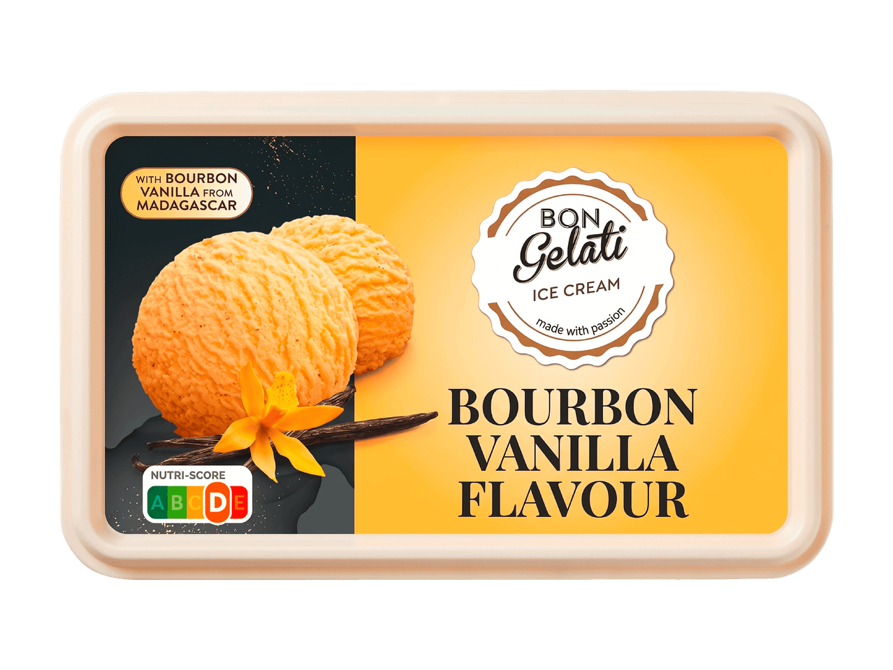 Vasetto di gelato al gusto vaniglia bourbon, con due palline, fiore e baccelli di vaniglia.