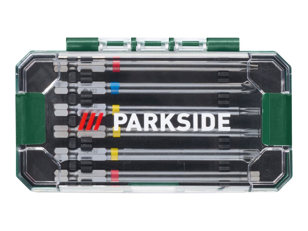 PARKSIDE screwdriver bit set in a clear and green plastic case