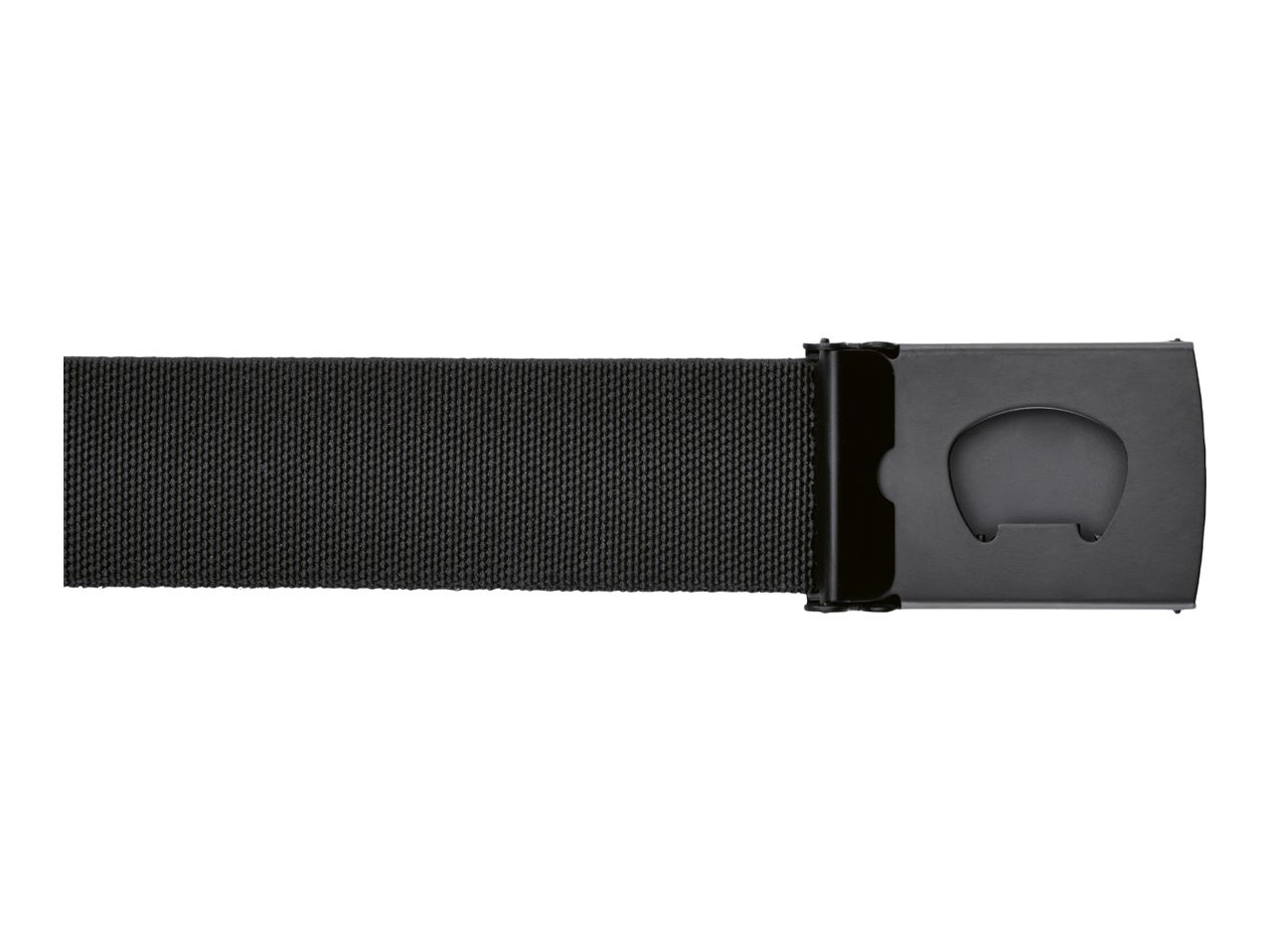 Black fabric belt with a dark grey metal buckle