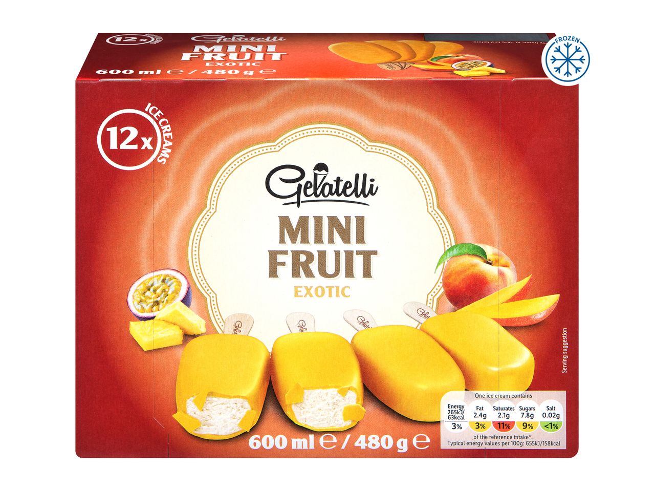 Box of 12 mini fruit ice creams, exotic flavor, with nutritional information.