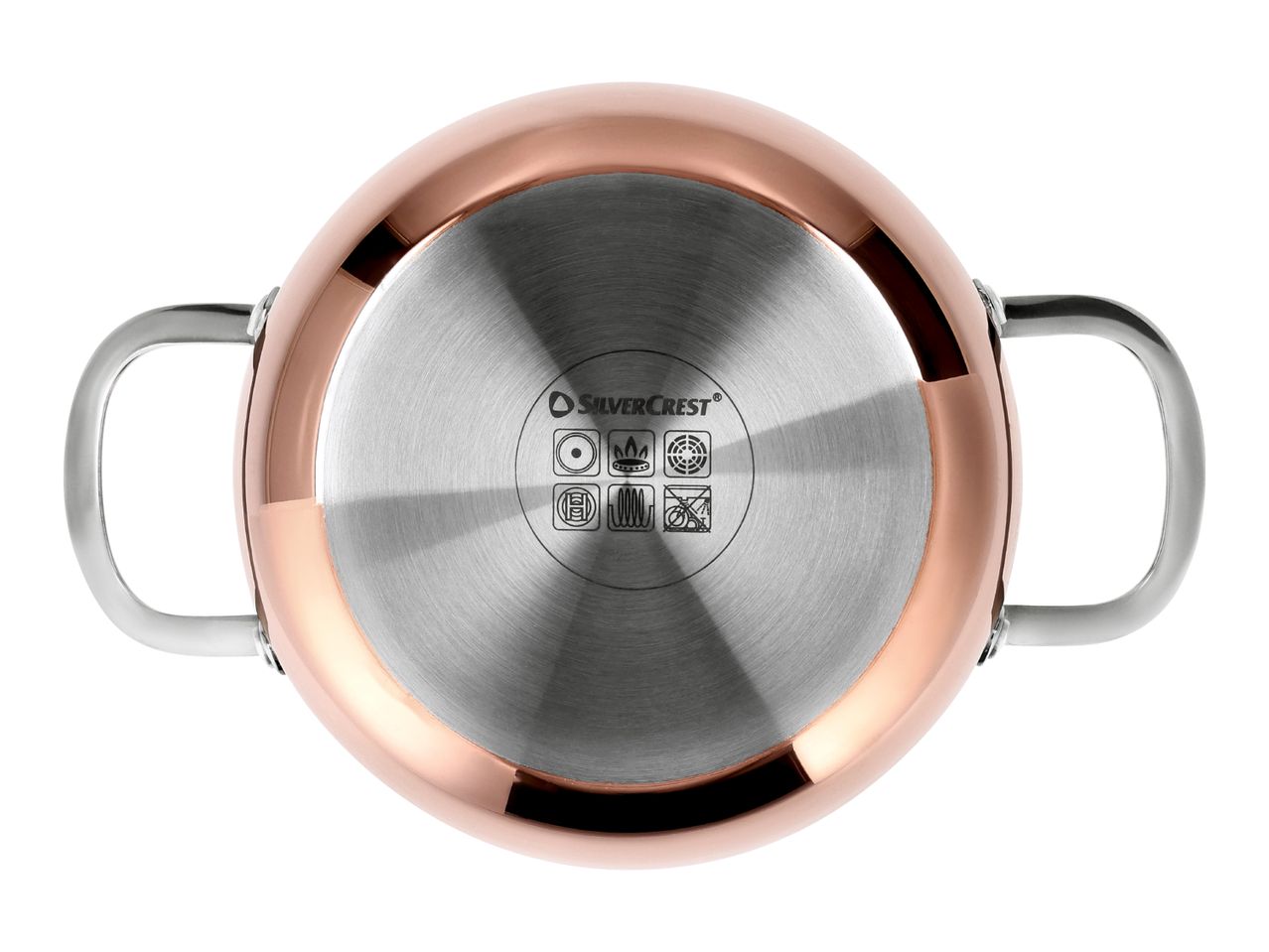 Bottom view of a copper-colored cooking pot with induction-compatible base and handles