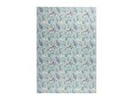 Light blue floral fabric with pink and white roses, purple and green leaves.