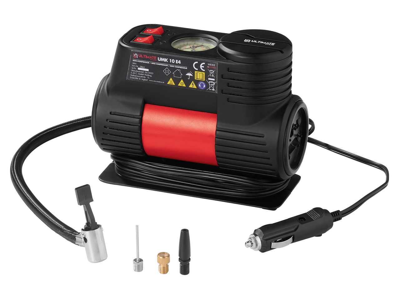 Un compressore d'aria portatile nero e rosso con manometro, interruttori e accessori.