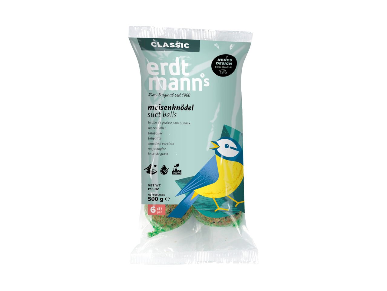 Erdtmann's Classic suet balls for birds, 500g package with a blue tit illustration.