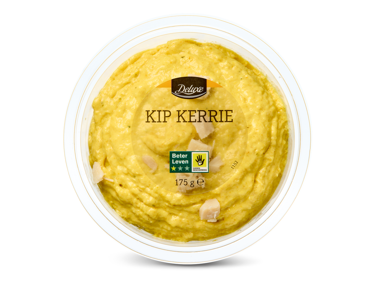 Een kuipje kip-kerriesalade van 175 gram met het Beter Leven-keurmerk.