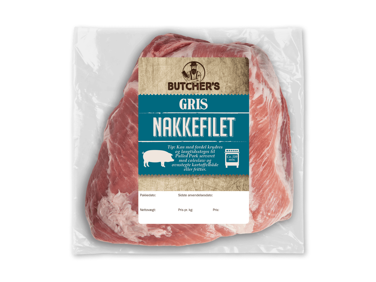 Pakket nakkefilet af gris med etiket, der angiver tilberedningsinstruktioner og plads til datoer og priser.