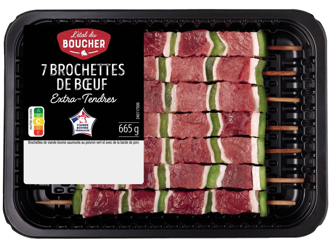7 brochettes de bœuf extra-tendres de L'étal du Boucher, marinées au poivron vert et lard de porc.