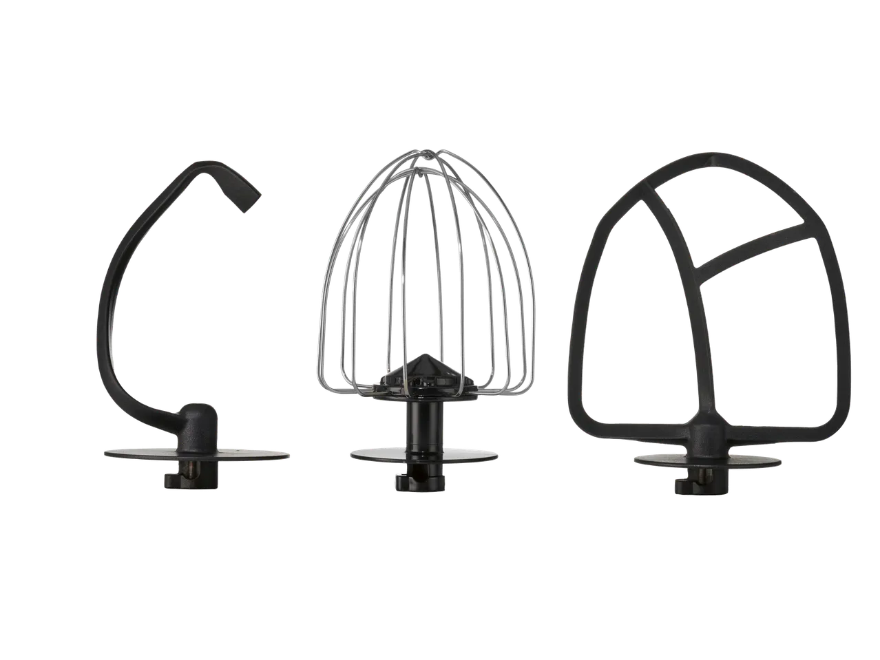 Three stand mixer attachments: a dough hook, a wire whisk, and a flat beater.