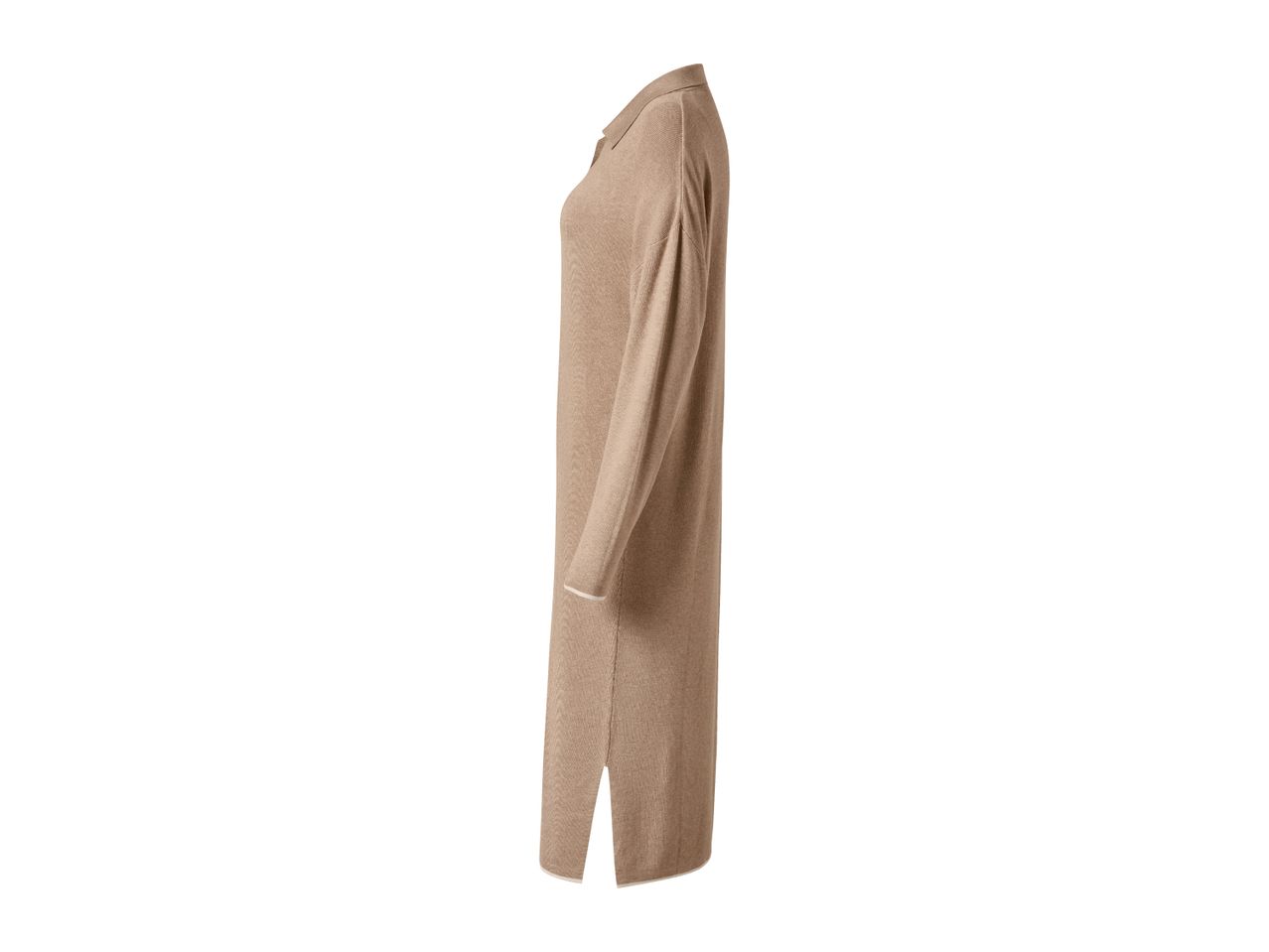Long-sleeved beige knit dress with a collar and side slits.
