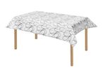 White tablecloth with a gray abstract swirl pattern on a wooden table