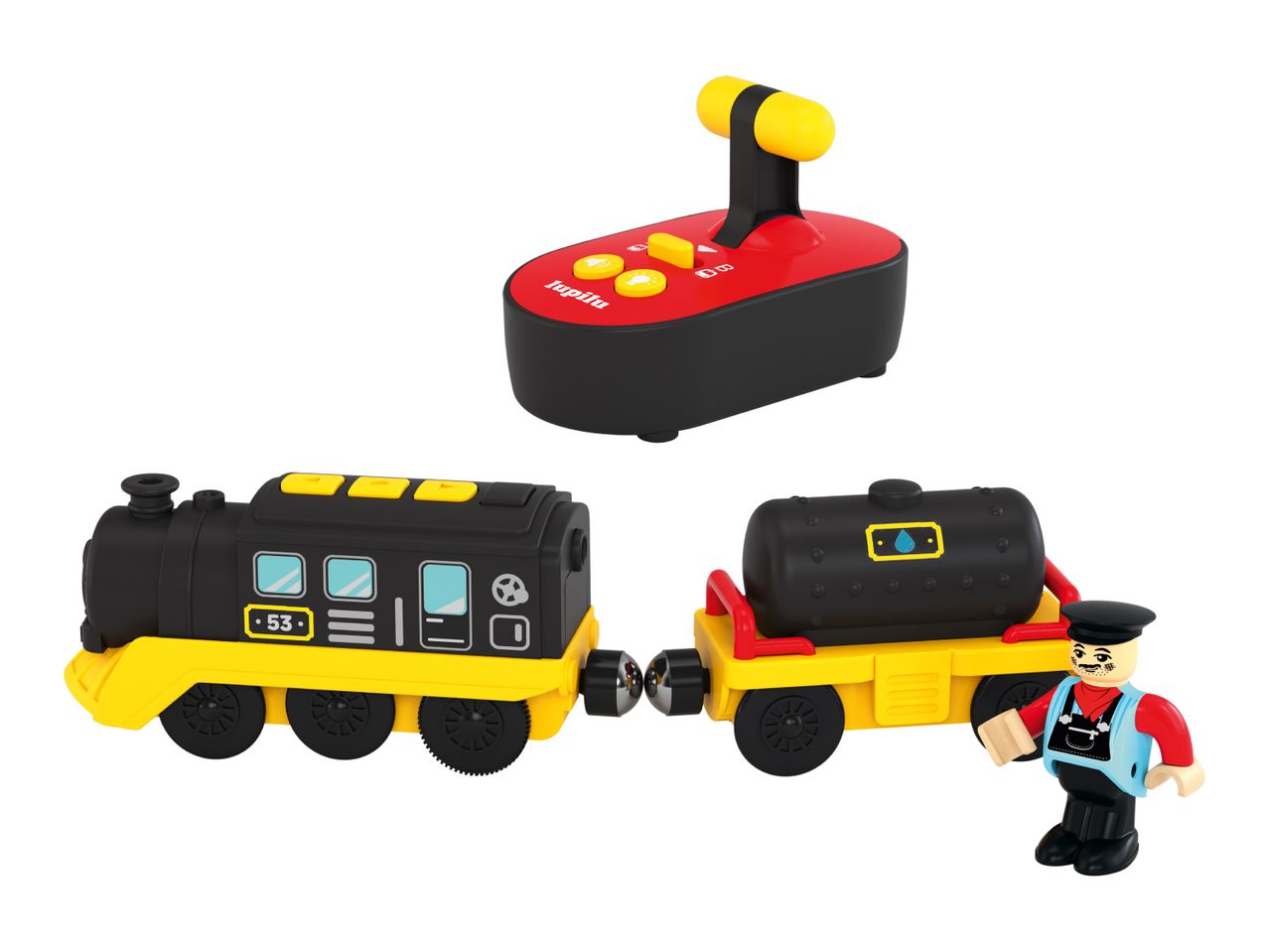 A black and yellow toy train with a remote control and a train conductor figure.