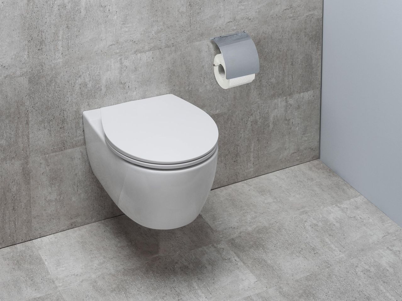 Falra szerelhető WC és WC-papír tartó modern, betonhatású fürdőszobában.