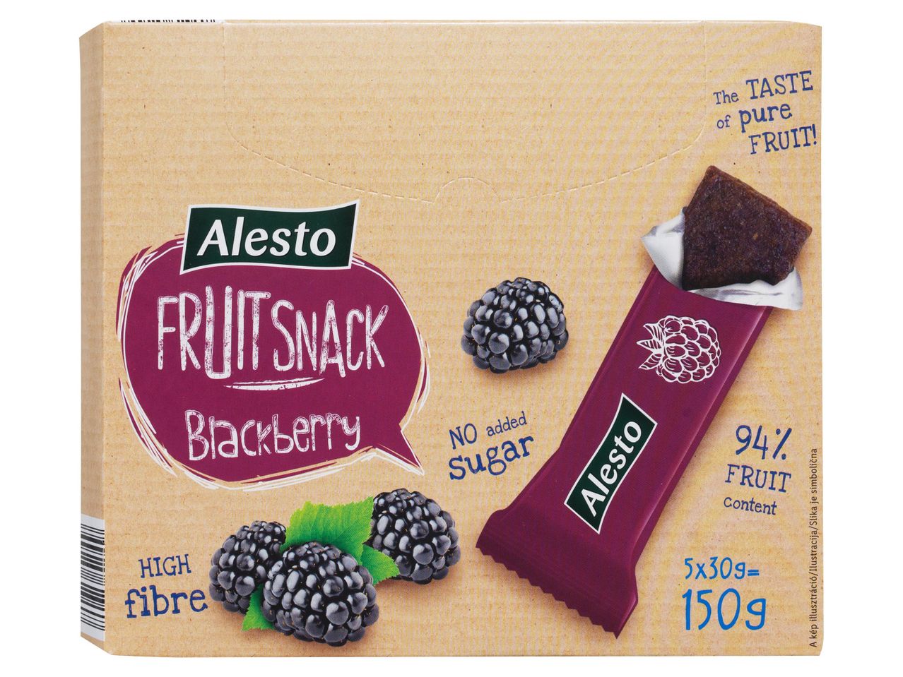 Alesto málna gyümölcsszelet, 94% gyümölcstartalommal, hozzáadott cukor nélkül.