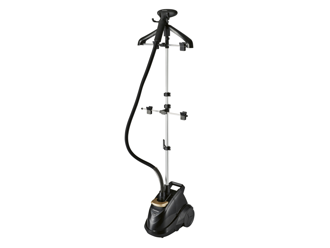 Vaporizador de roupa vertical SILVERCREST preto e dourado.